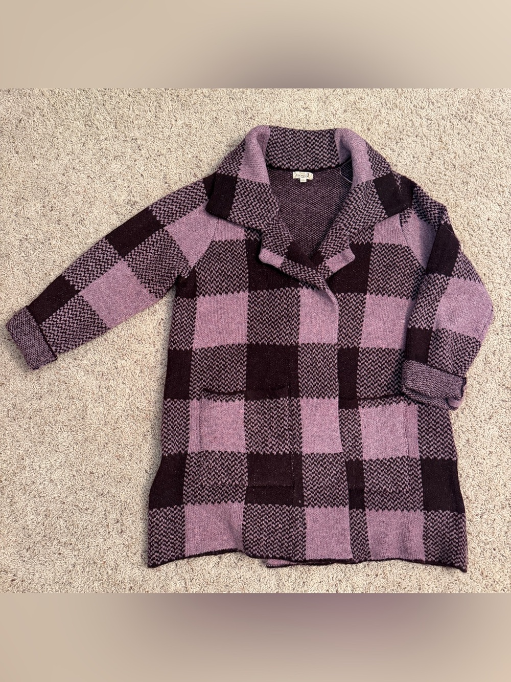 ONE WORLD Purple Plaid Knit Coatigan cardigan sweater